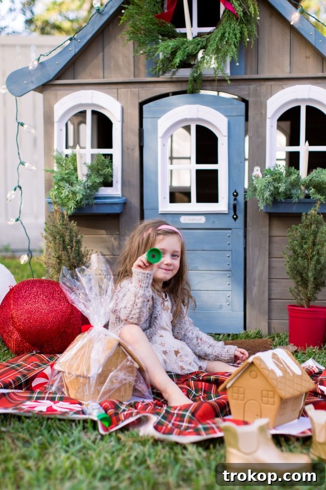 Front view of the gingerbread cottage playhouse, adorned with Christmas lights and decorations