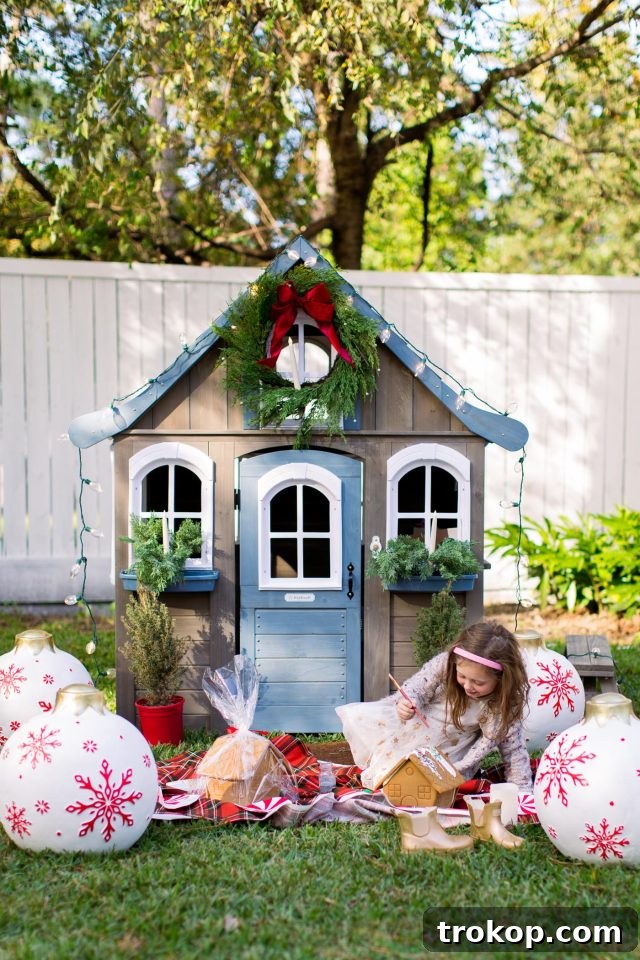 Children happily playing and decorating gingerbread inside the holiday-themed playhouse