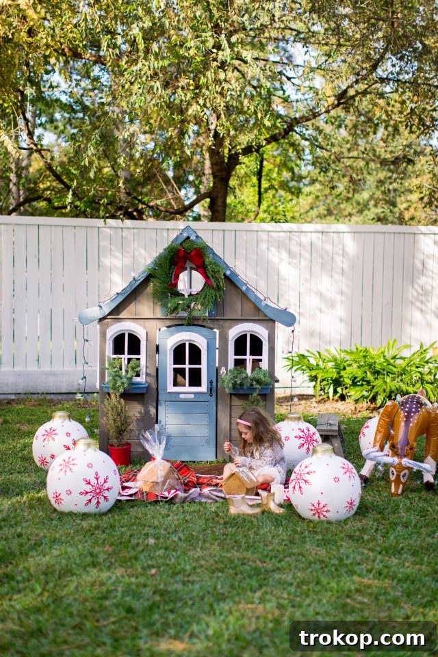 Outdoor shot of the playhouse with a child, showing the inflatable reindeer and yard ornaments