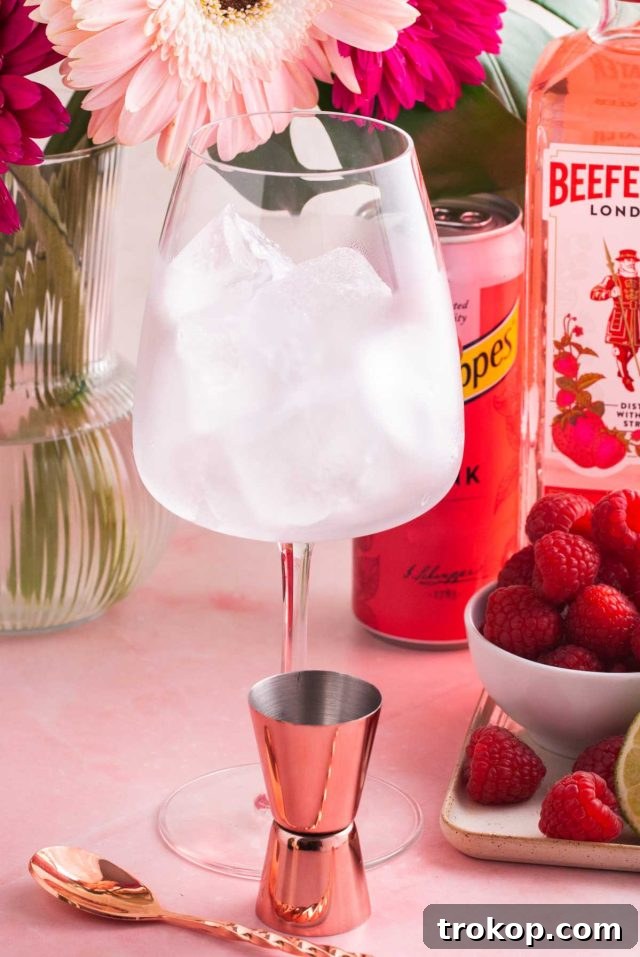 Crafting the Perfect Pink Gin Spritz 6 what to mix with gin - a serving glass with only ice inside