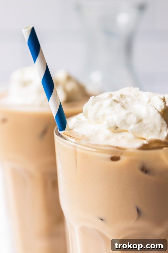 Close-up of the finished Iced White Chocolate Mocha with whipped cream