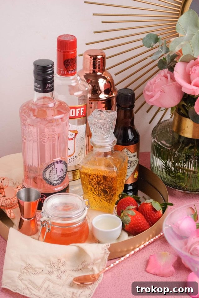 Blushing Rose Martini 4 rose gin cocktail - ingredients used to make the cocktail
