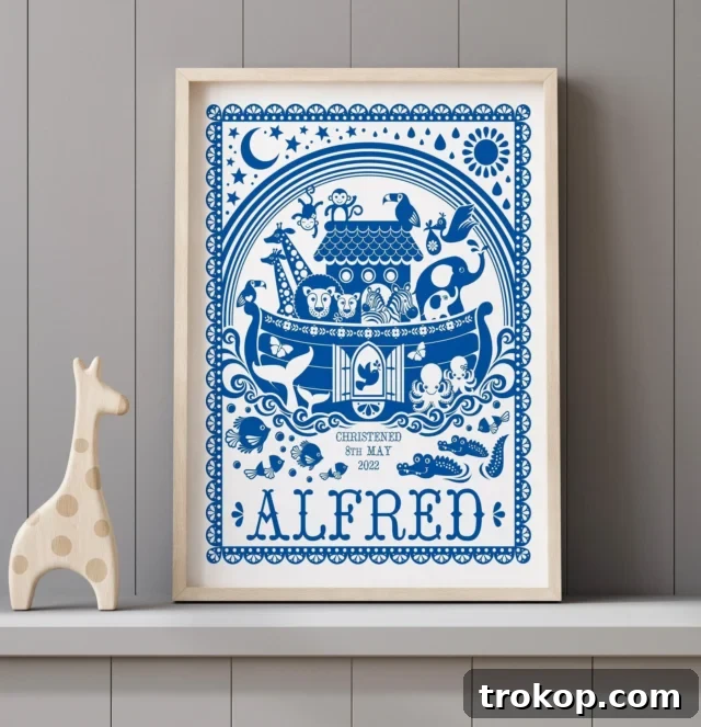 28 Heartfelt Baptism Gifts for a Special Blessing 24 Personalised New Baby Noah's Ark print, a heartwarming and custom baptism gift