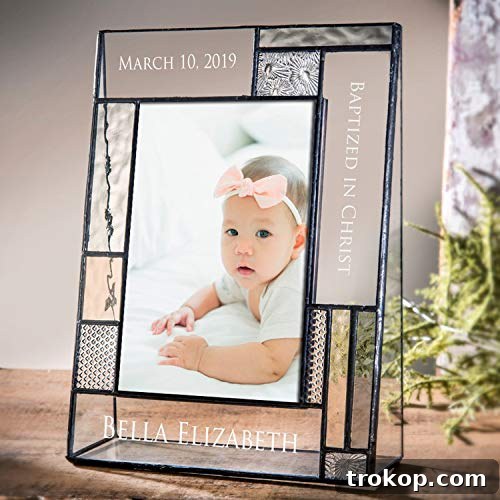 Baptism Gifts For Girls Or Boys Personalized Picture Frame Custom Engraved Glass 4x6 Vertical Photo Grey And Antique Yellow J Devlin Pic 392-46V EP615 Personalized stained glass baptism picture frame