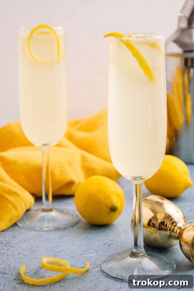 Classic cocktail French 75 variations - two servings of French 76 cocktail, elegantly presented with lemon garnishes.