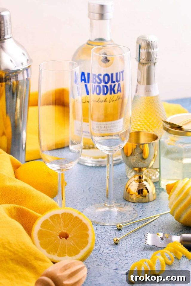 French 76 cocktail - essential equipment needed to make the cocktail, including a champagne glass and cocktail shaker.