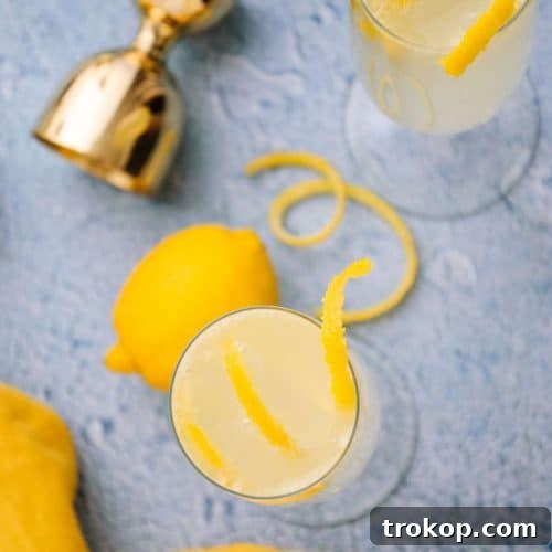 Top view of French 76 cocktail with a lemon twist garnish, highlighting the bubbly texture.