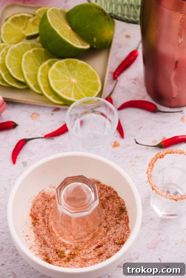 A bowl of sweet Tajín mix for rimming glasses, next to a prepared shot glass.