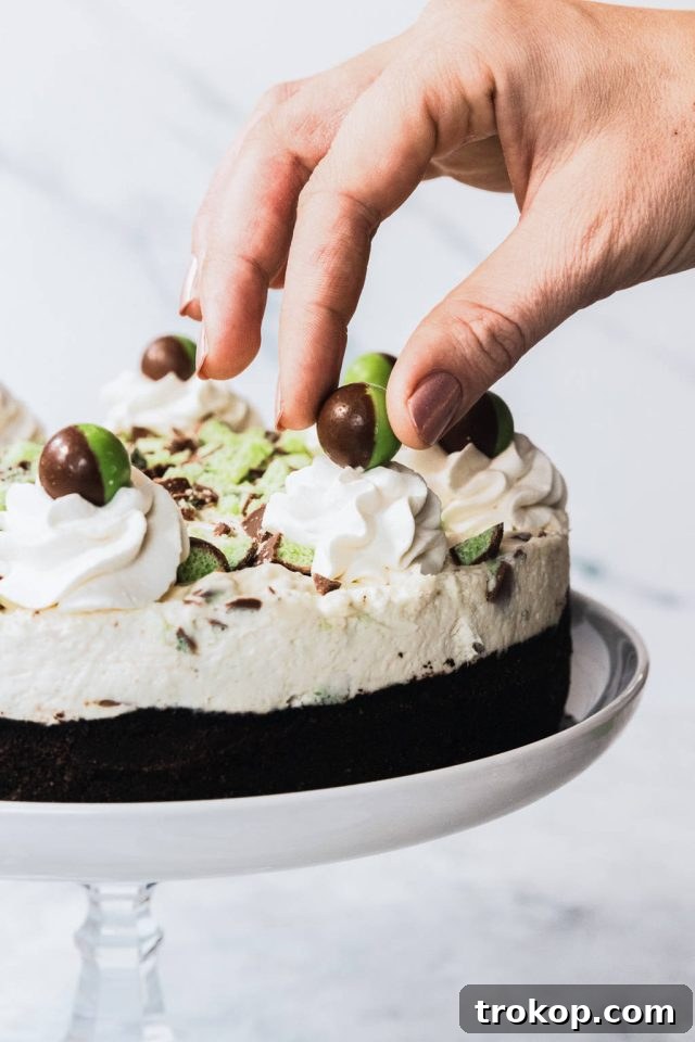 The Aero cheesecake being decorated with a generous scattering of Aero Mint bubbles on top of whipped cream