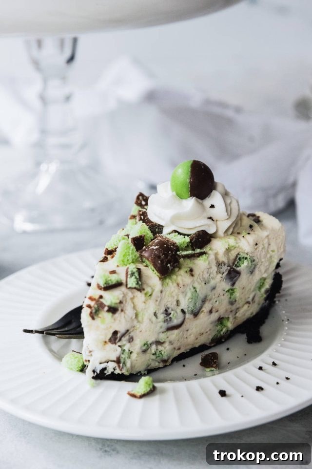 A beautiful slice of No-Bake Mint Aero Cheesecake, showing the layers of crust, filling, and topping