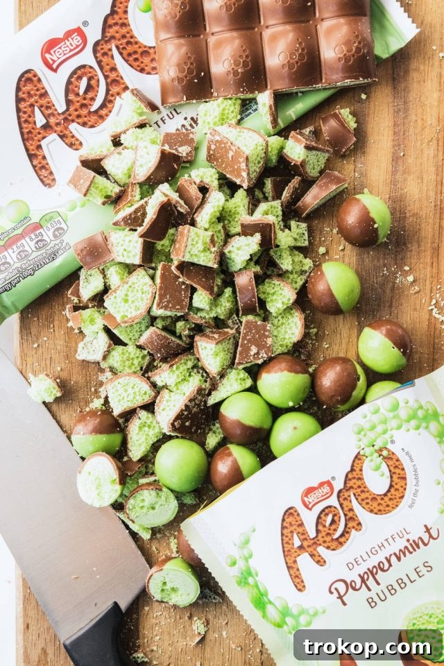 Chopped Aero Mint chocolate bars and bubbles, essential ingredients for the cheesecake