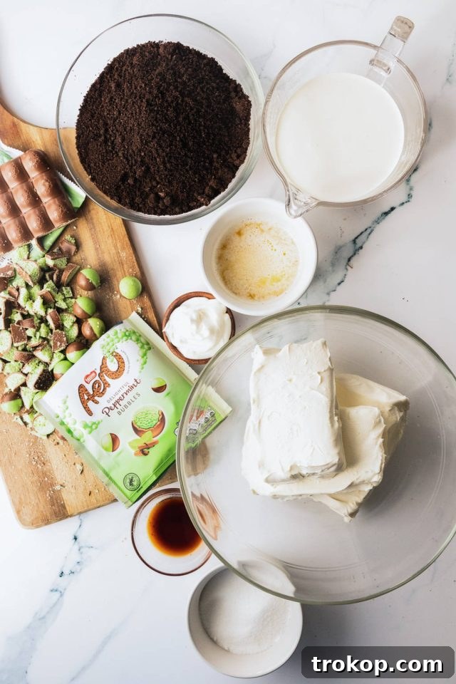 All the ingredients neatly laid out on a counter, ready for making the Mint Aero Cheesecake