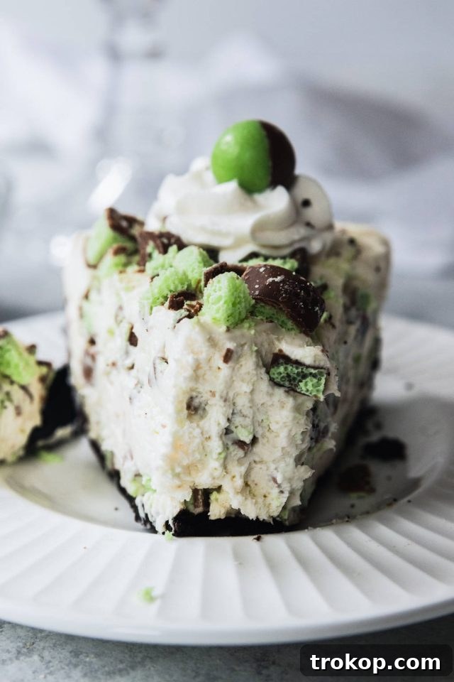 A perfectly sliced piece of Mint Aero Cheesecake, showcasing its creamy layers and chocolate crust
