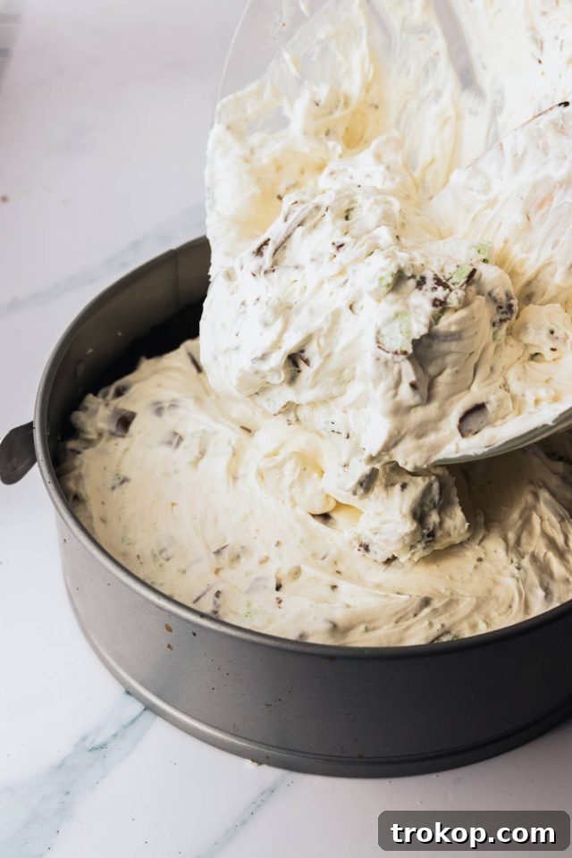 Mint Aero cheesecake filling being smoothed over the chocolate cookie crust in a springform pan