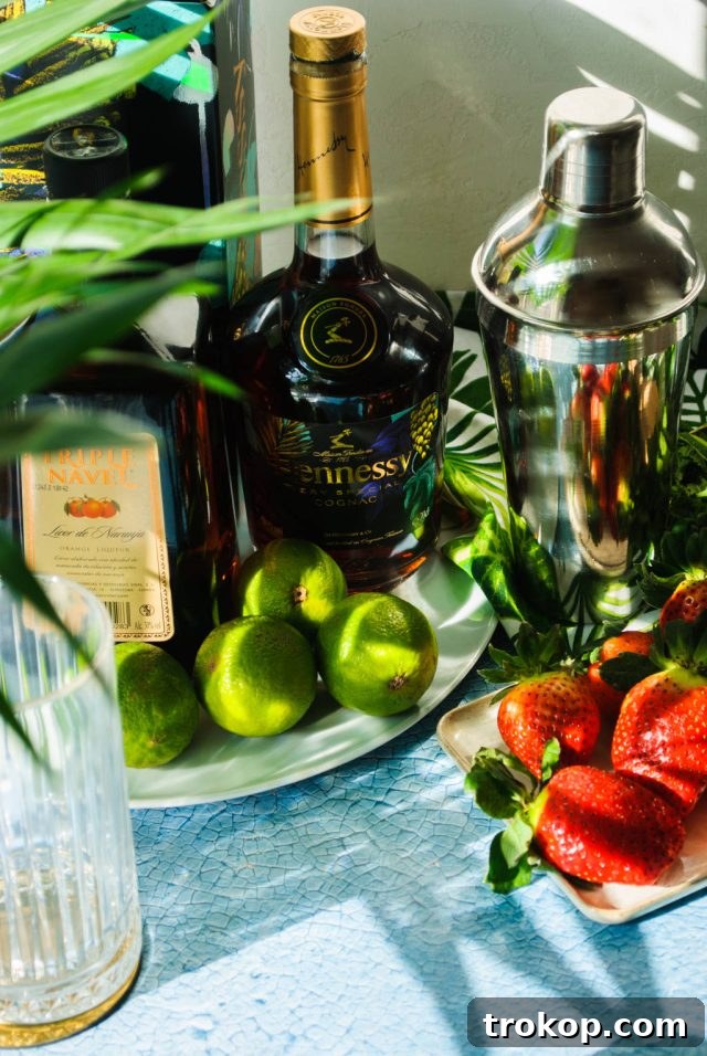 ingredients to make strawberry hennessy cocktail
