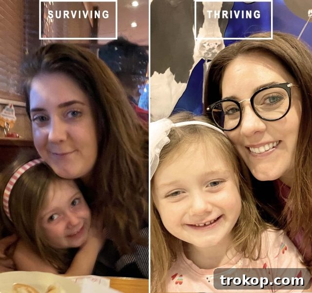 Before and after photos showing a transformation towards a happier mindset, not just physical change.