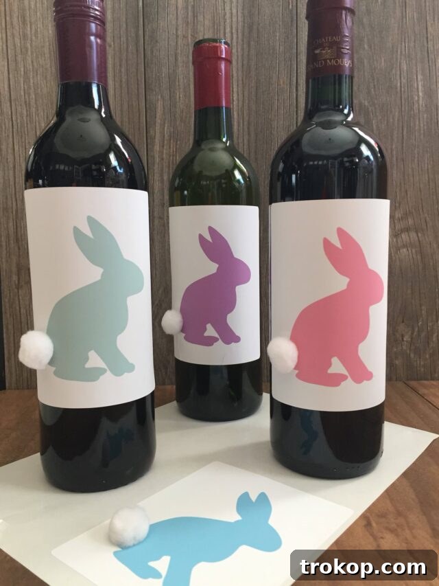 Easter bunny wine labels for baby showers, Easter table decor, and hostess gifts, featuring a pompom tail