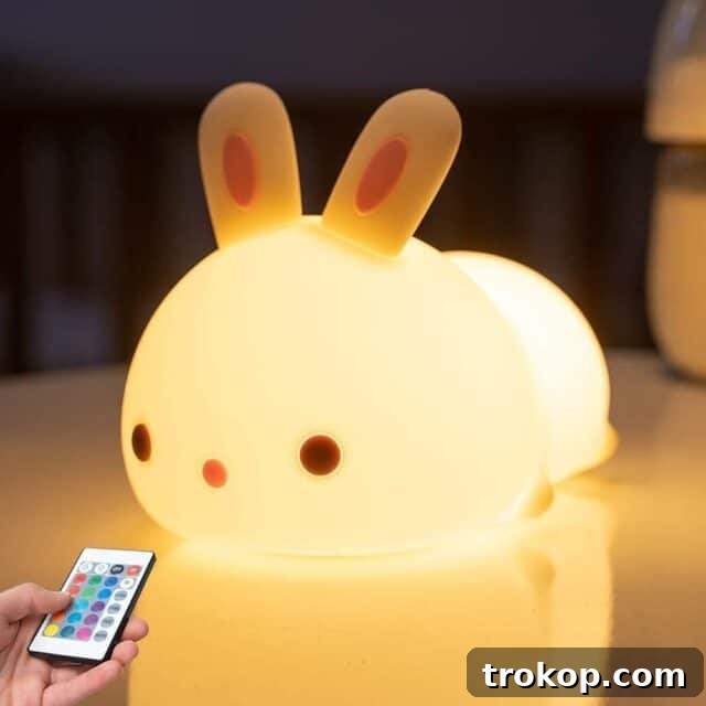 One Fire Cute Bunny Night Light with remote and 16 color settings, soft silicone for kids' rooms