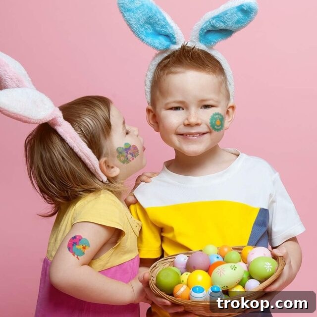 Sheet of colorful Easter temporary tattoos featuring bunnies, eggs, and chicks, perfect for goodie bags and Easter eggs