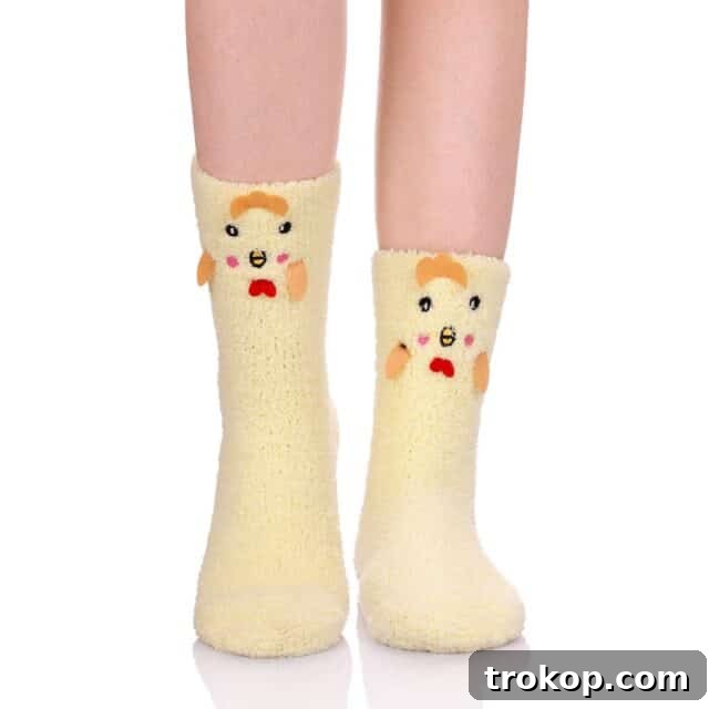 Cute 3D chick socks, perfect for lounging and keeping feet warm, available in various animal designs for Easter