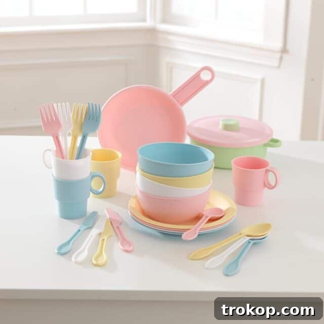 KidKraft 27-Piece Pastel Cookware Set for play kitchens, an ideal Easter gift.