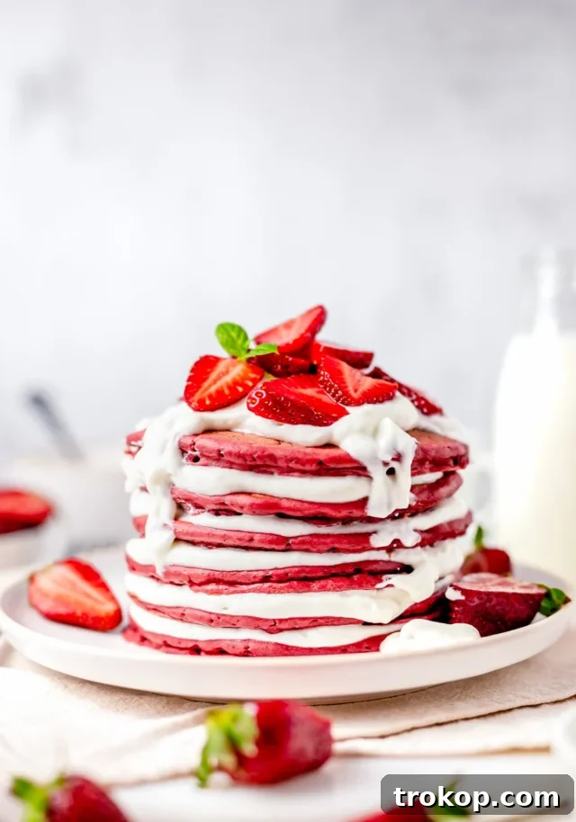 Fluffy Red Velvet Pancakes with Cream Cheese Fluff