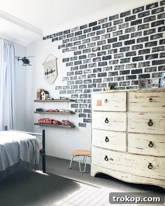 Faux brick feature wall created with sponge painting for a rustic look