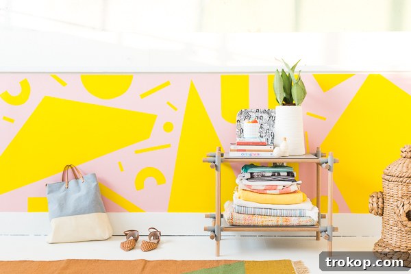 DIY abstract geometric shapes wall mural for a vibrant entryway