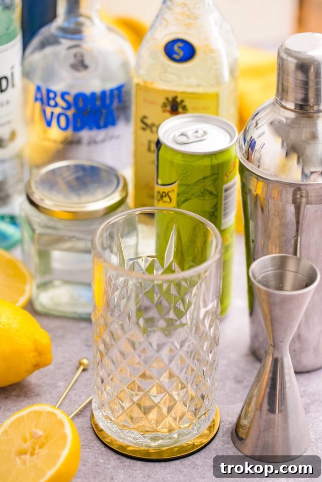 Essential bar equipment used for making cocktails, including a shaker, jigger, and citrus juicer.