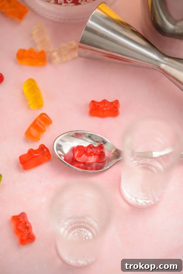 Close-up of a cocktail glass ready for Gummy Bear Shots, highlighting its clean presentation