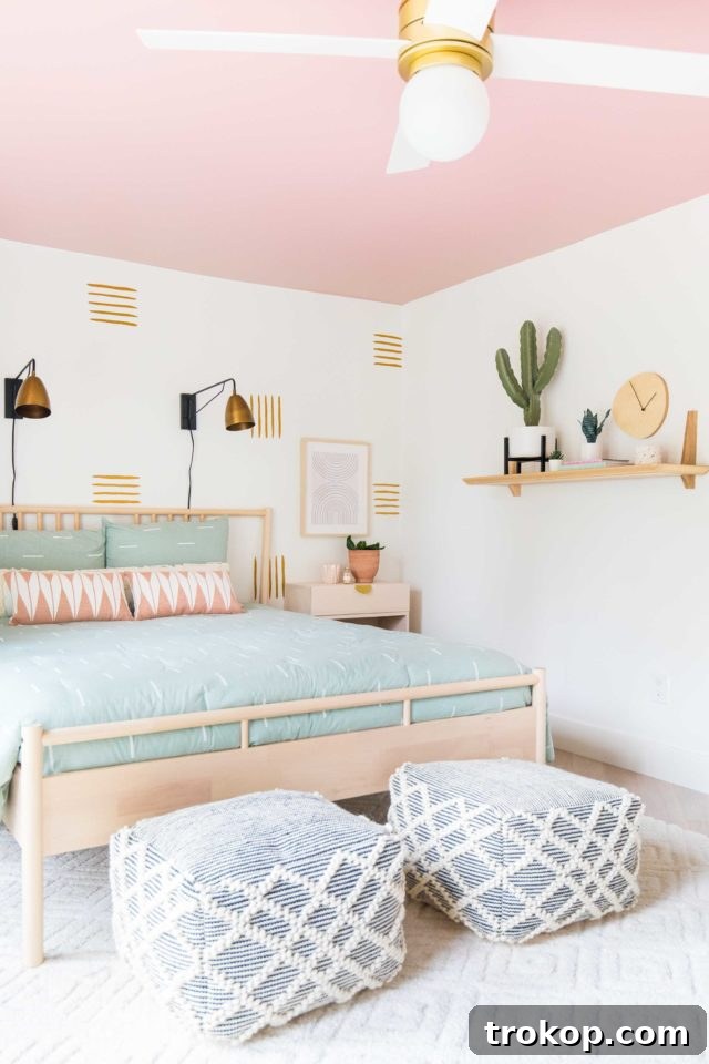 Effortless Wall Paint Ideas for Every Interior 12 Guest bedroom makeover with a dramatic pink painted ceiling accent