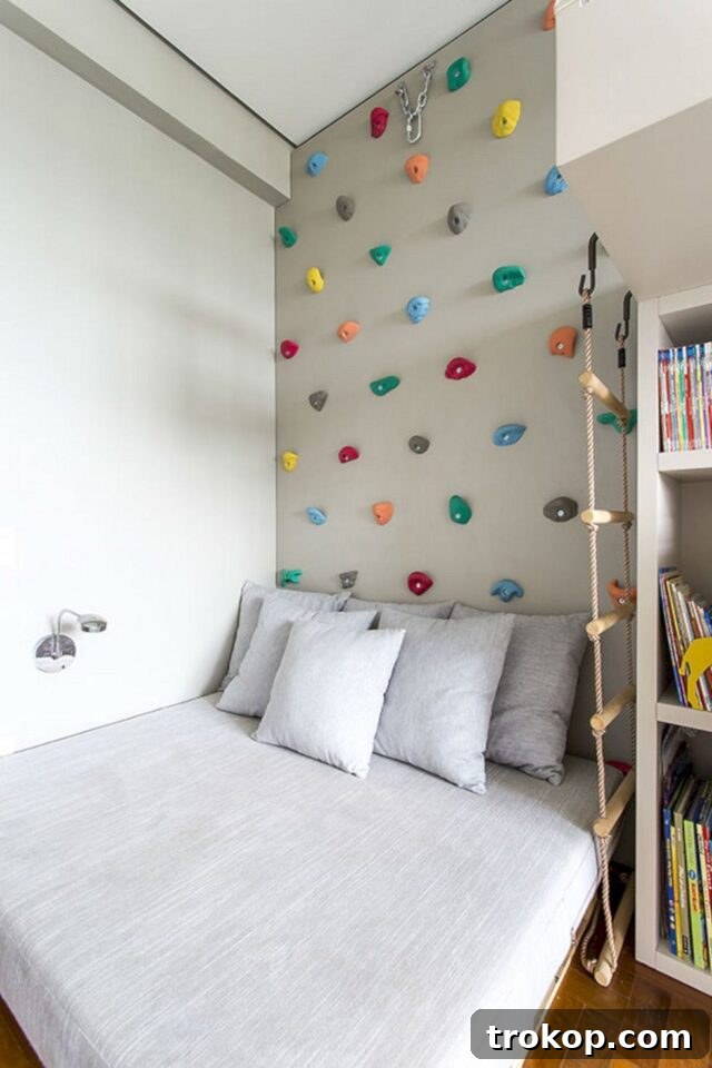 Indoor rock climbing wall above bed for a boy's room