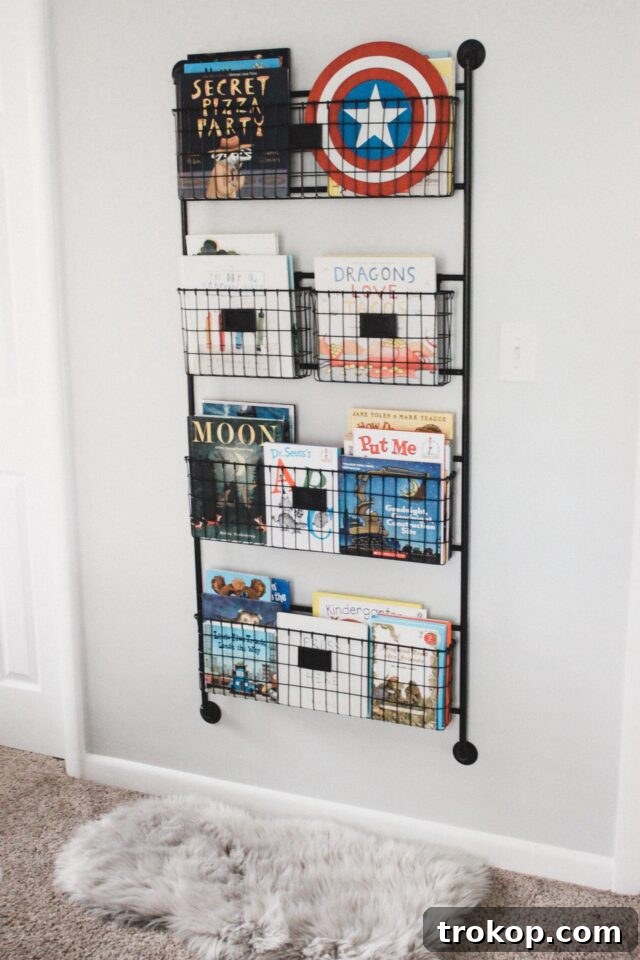 Industrial style book organization for a boy's room