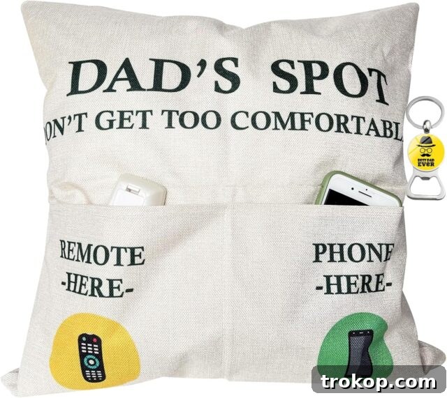 Make Dad Laugh Out Loud: Hilarious Father's Day Gift Ideas 21 Dad's Spot Throw Pillow, with remote control pockets, perfect gift for Father's Day.