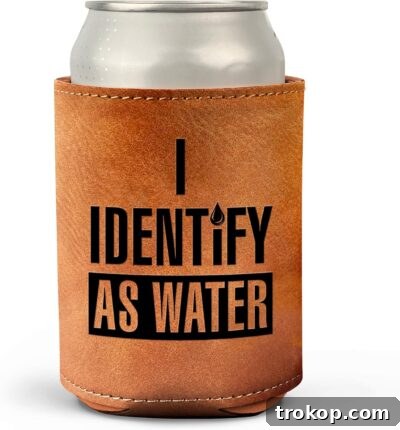Make Dad Laugh Out Loud: Hilarious Father's Day Gift Ideas 24 Funny Leather Can Cooler with the phrase 'I Identify as Water', perfect for BBQs and parties.