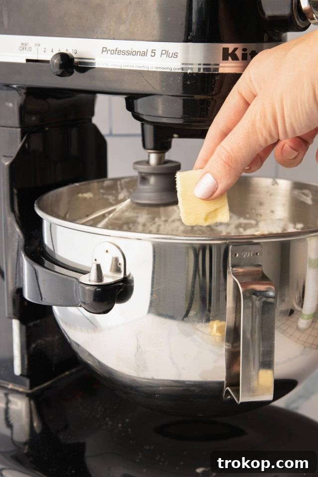 Silky Smooth Italian Meringue Buttercream Frosting 9 Adding vanilla extract and softened butter pieces into the meringue in a stand mixer.