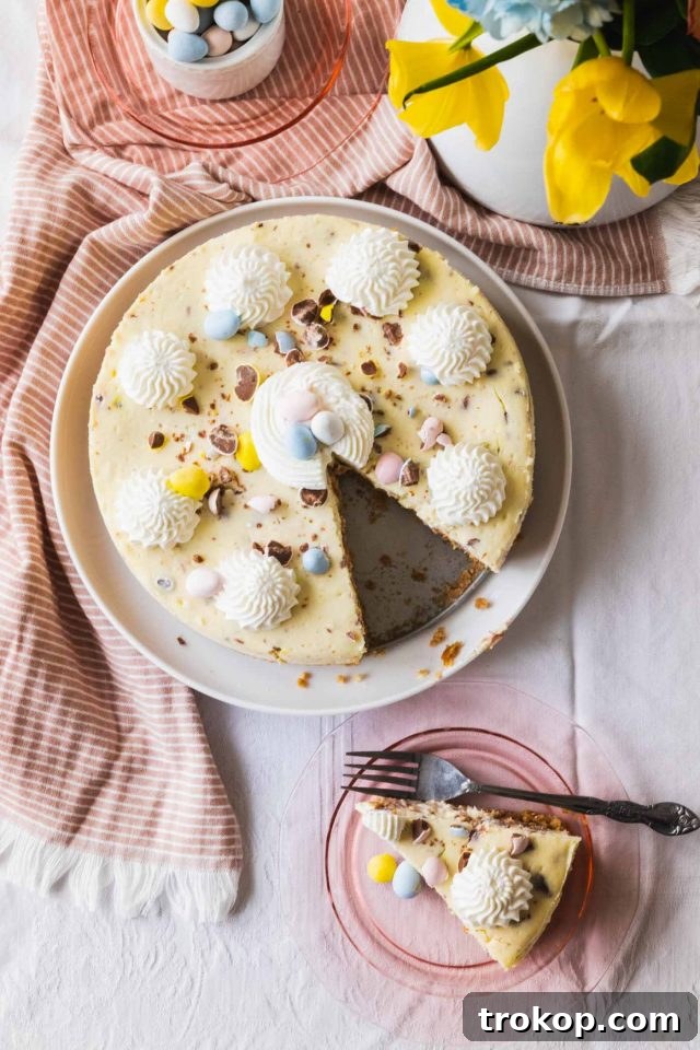 The Ultimate Water Bath for Silky Smooth Cheesecake 4 photo of the first slice of Mini Egg Cheesecake by top Houston lifestyle blogger Ashley Rose of Sugar & Cloth
