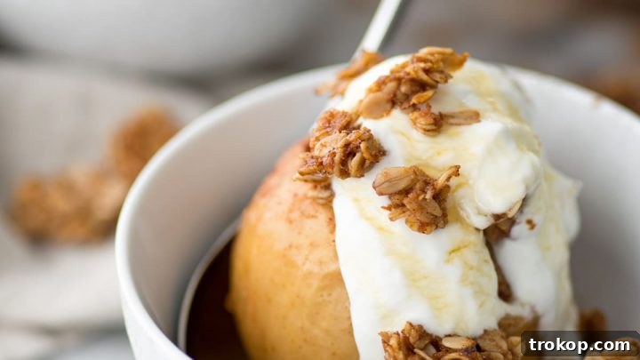 Healthy Easy Baked Apple Recipe with Spiced Granola and Yogurt.