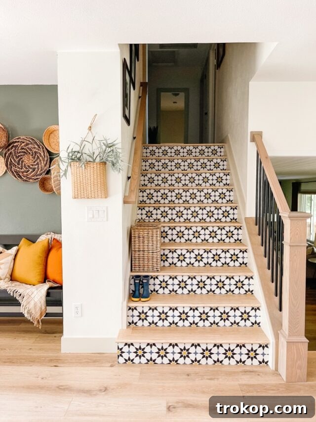 Peel and Stick Wallpaper used on stair risers