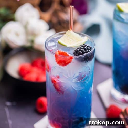 Colorful Grateful Dead cocktail garnished with lemon and berries
