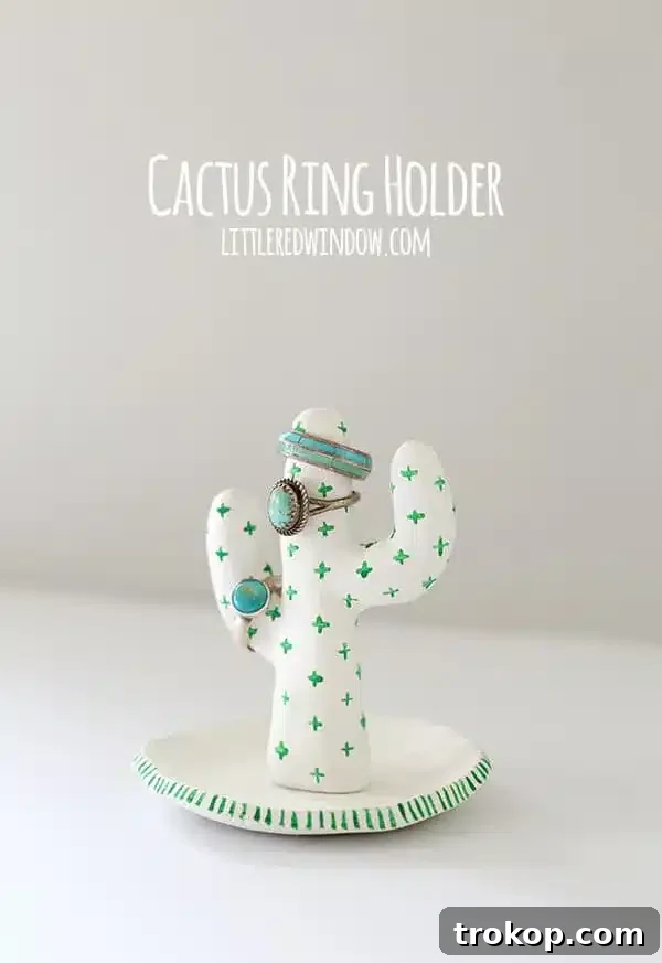 Crafting with Air Dry Clay 30 Ideas for Kids and Grown Ups 21 Clay Cactus Ring Holder for air dry clay projects, shaped like a small cactus.