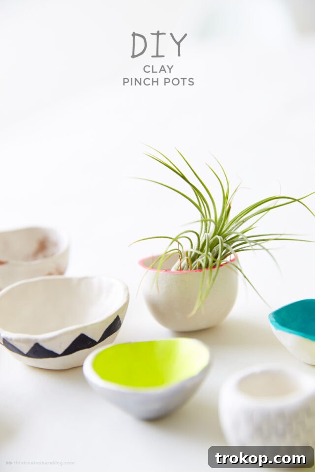 Crafting with Air Dry Clay 30 Ideas for Kids and Grown Ups 9 Pinch Pots for air dry clay projects, showing small, colorful pots.