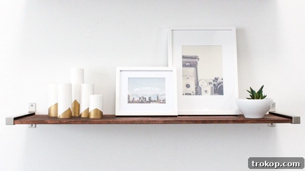 Close-up of DIY distressed wooden shelves texture and decorative items