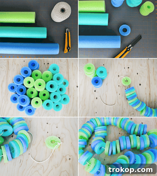 Close-up of pool noodle slices and cutting tools