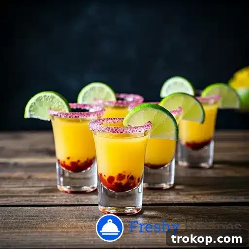 A vibrant spicy mango shot with a Tajín-rimmed glass and a lime wedge garnish.