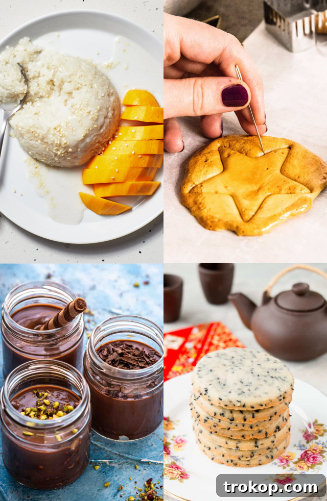 An array of colorful and diverse Asian dessert recipes, showcasing different textures and ingredients.