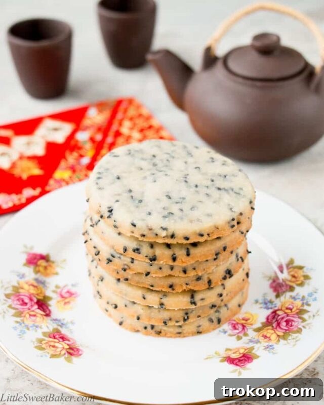 Black Sesame Shortbread Cookies, dark and speckled with sesame seeds.