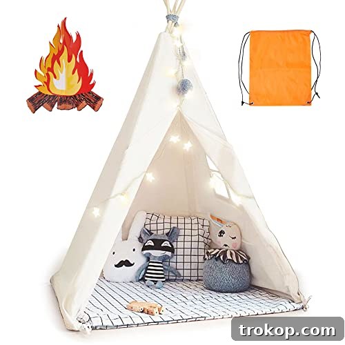 Teepee Tent for Kids Foldable Teepee Play Tent with Fairy Lights, Carry Case Water Resistance, Pretend Camp Fire, Four Poles Style Raw White Color - New Version Tiny House little dove Teepee Tent for Kids Foldable Teepee Play Tent with Fairy Lights, Carry Case Water Resistance, Pretend Camp Fire, Four Poles Style Raw White Color - New Version Tiny House little dove