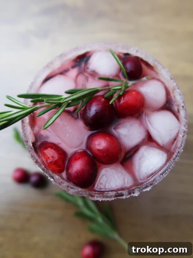 25 Easy & Festive Christmas Cocktails for Holiday Merriment 11 Christmas Margarita for Christmas cocktails, a bright red margarita in a salted rim glass, garnished with lime and cranberries.