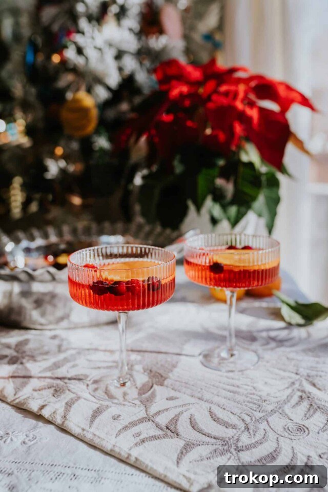 25 Easy & Festive Christmas Cocktails for Holiday Merriment 12 Poinsettia Punch for Christmas cocktails, a festive red punch with orange slices and cranberries.